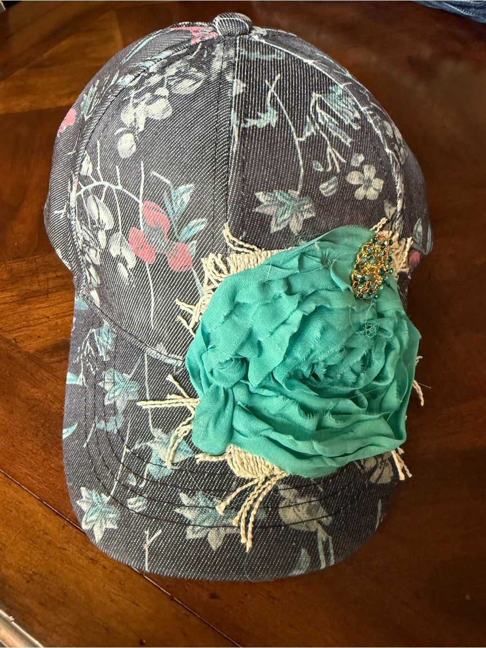 Floral Gray Baseball Cap with Teal Fabric Flower NWOT